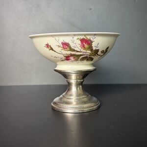 Vintage Sheffield Silver Co Porcelain Candy Pedestal Dish Moss Rose